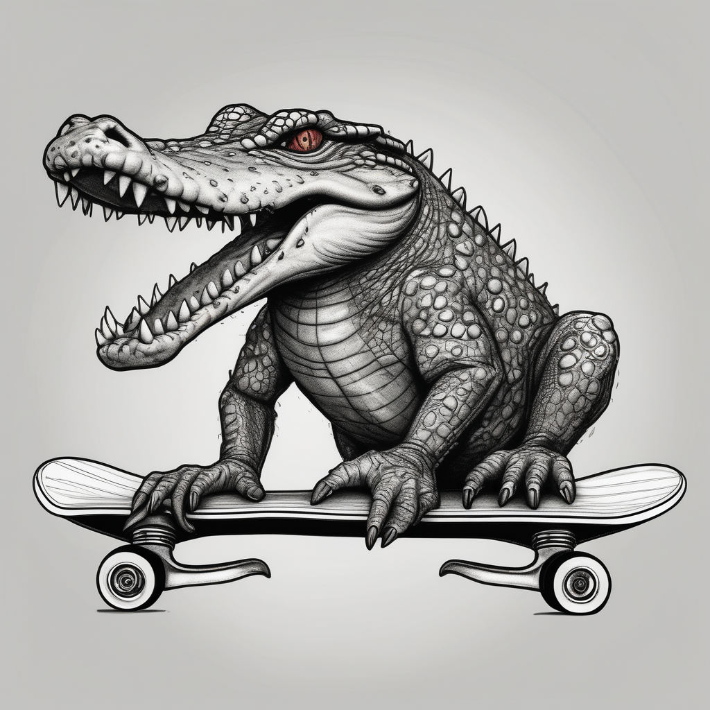 crocodile riding a skateboard with piercings and tattoos cute tattoo idea, AI-generated Realistic tattoo design